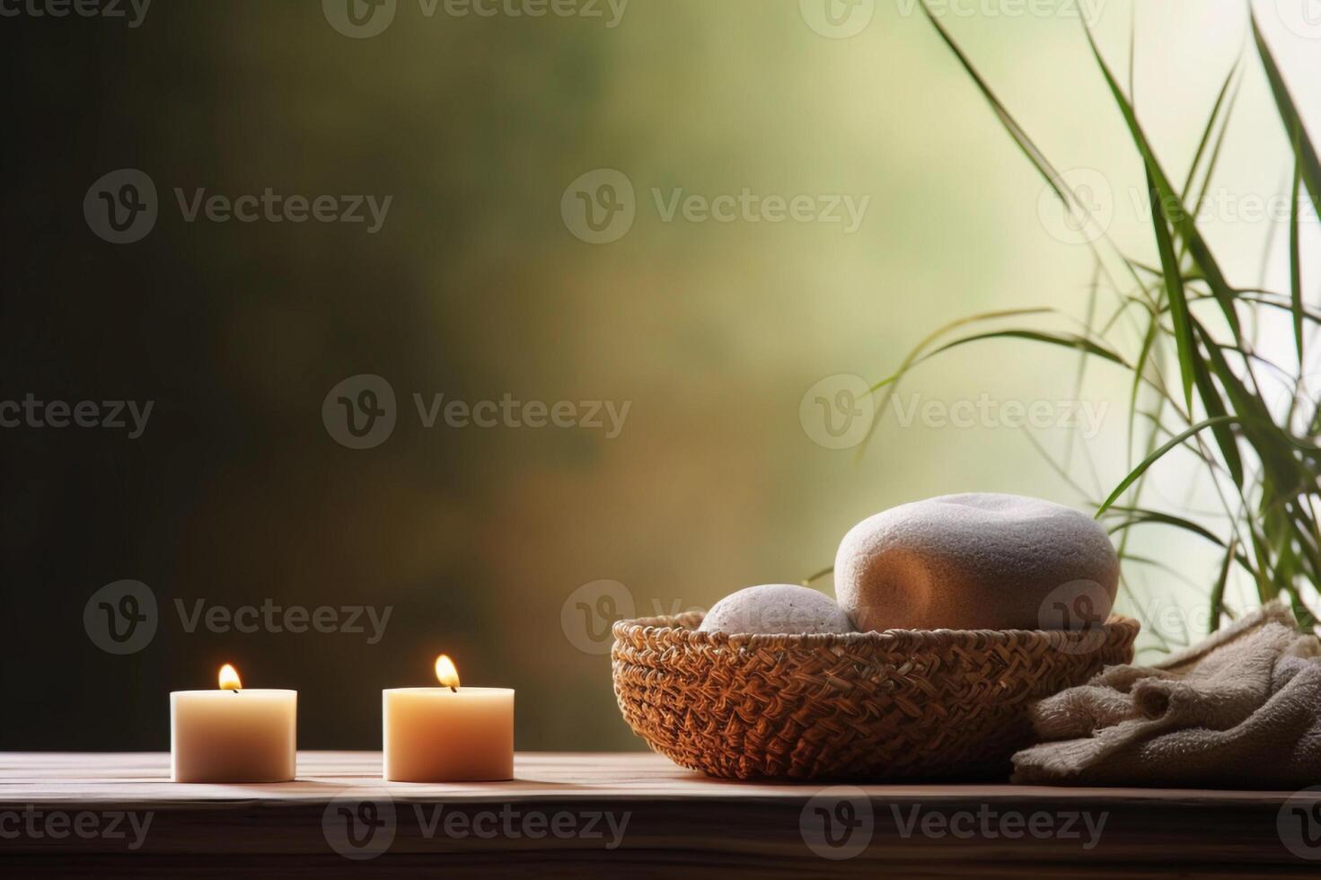 AI generated Relaxing Spa Life concept, Arrangement with Stones, Candles, and Leaves. created with Generative AI photo