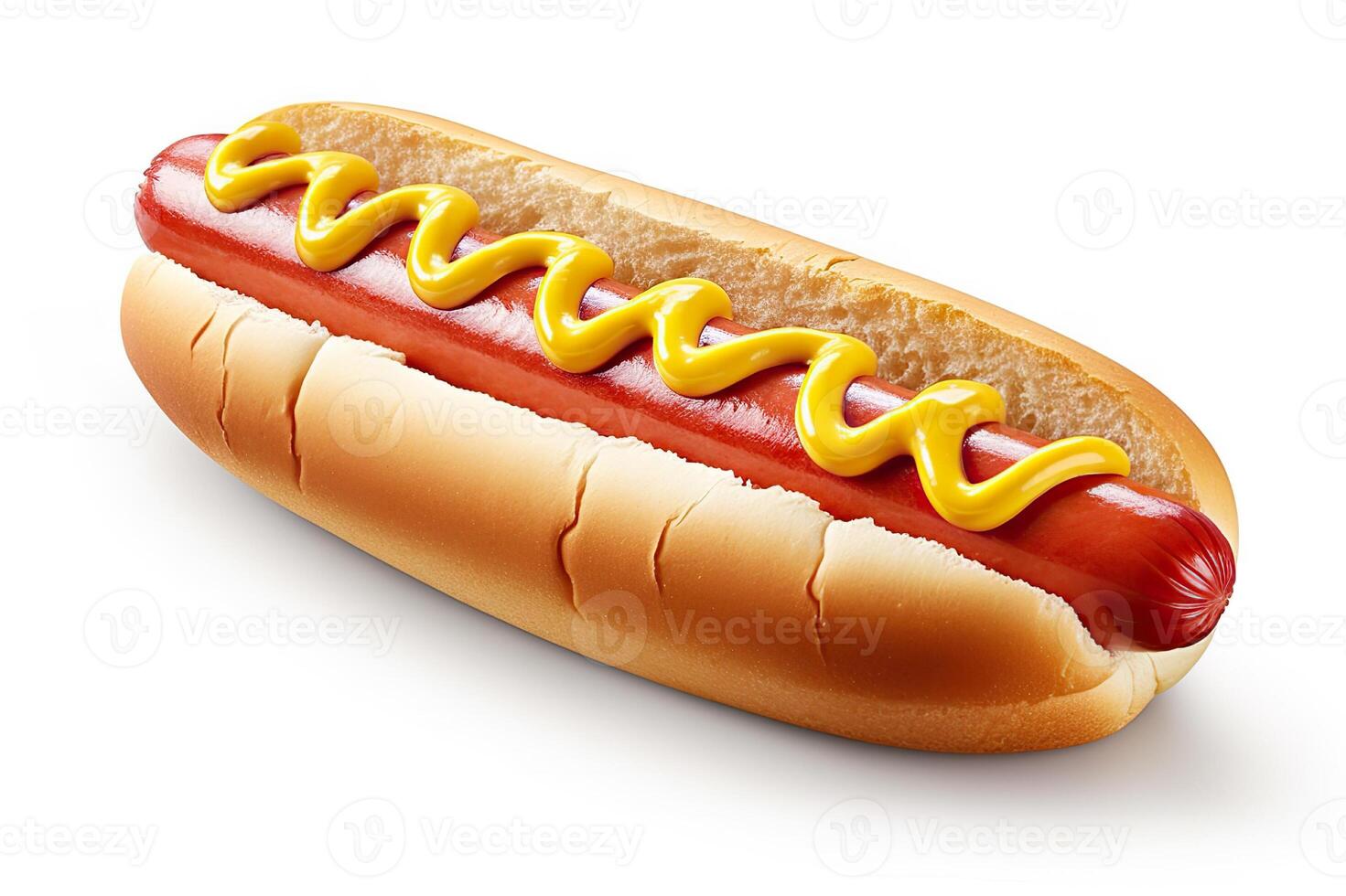 AI generated Juicy hot dog with ketchup and mustard, isolated on a pristine white background. created with Generative AI photo