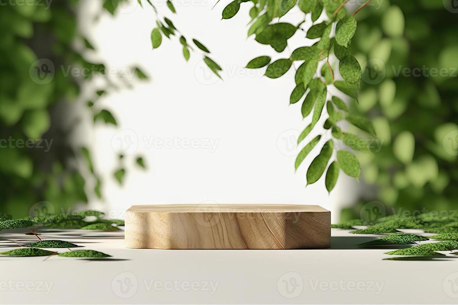 AI generated Natural Wooden Product Display Podium with Blurred Leafy Background - 3D Rendering. created with Generative AI photo