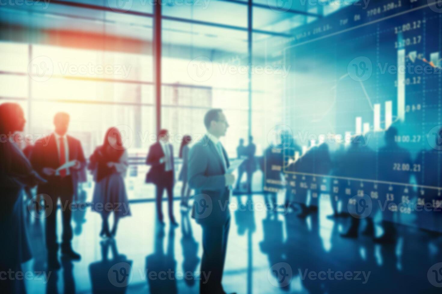 AI generated Blurred Business People in a Modern Office with Real-Time Stock Market Data.created with Generative AI photo