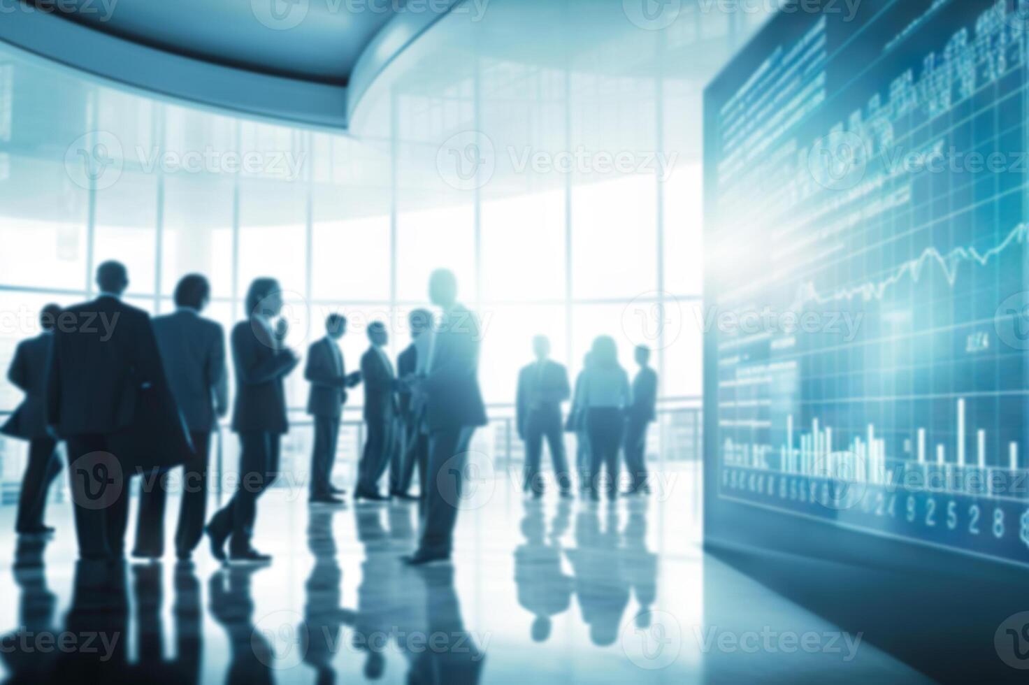 AI generated Blurred Business People in a Modern Office with Real-Time Stock Market Data.created with Generative AI photo