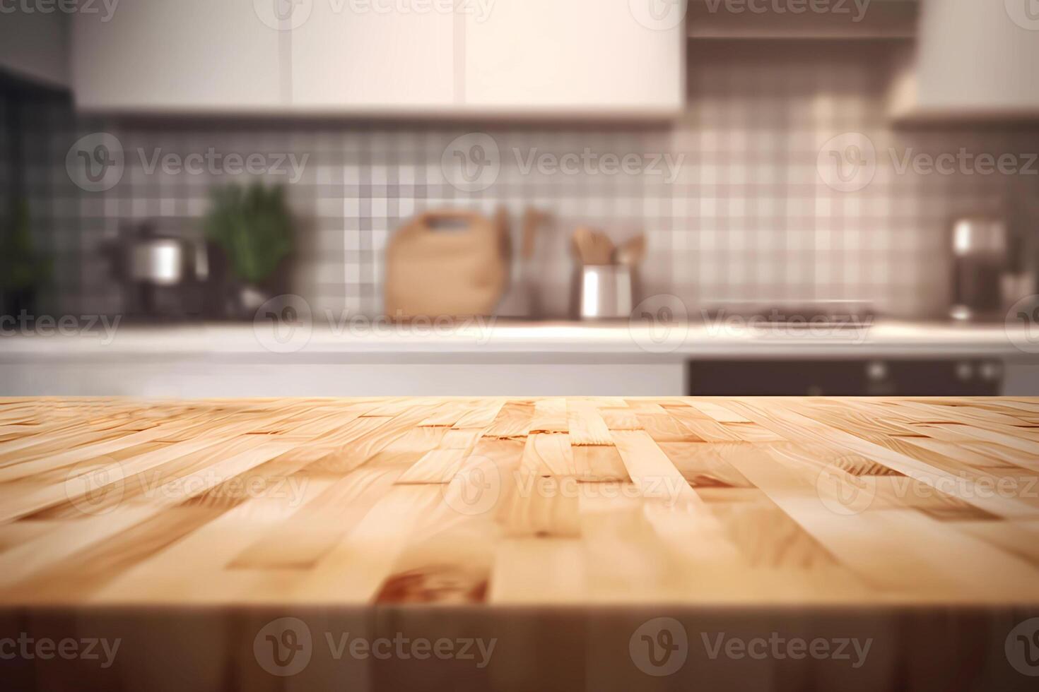 ai generado vacío de madera mesa en borroso cocina mostrador habitación antecedentes. creado con generativo ai foto