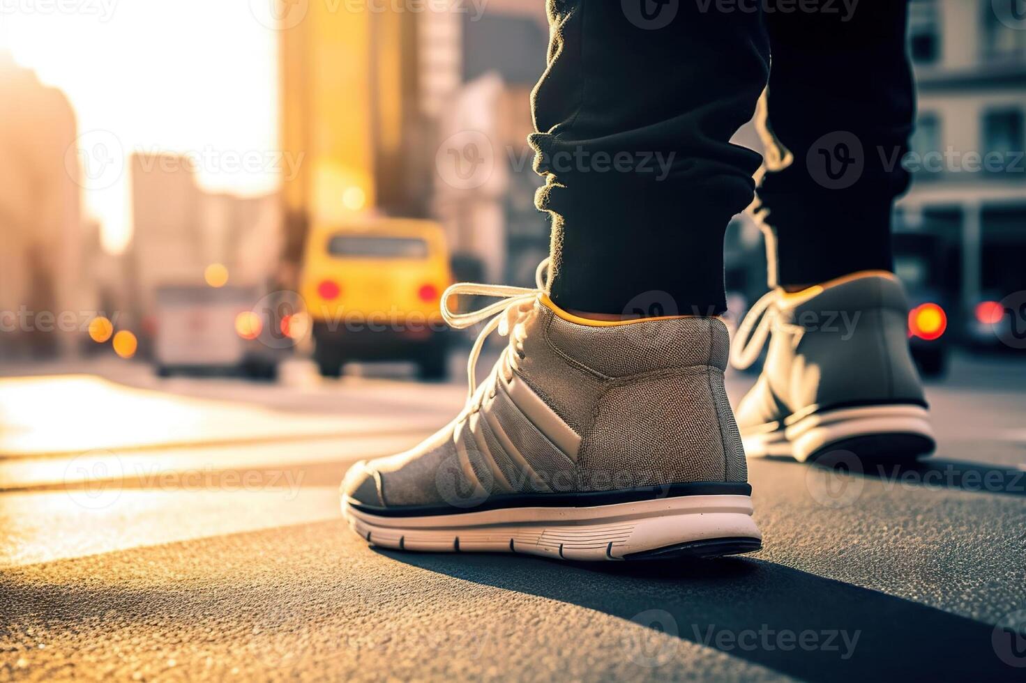 AI generated Urban Stride Close-Up of Man's Sport Sneaker Walking on Street with Confidence. created with Generative AI photo