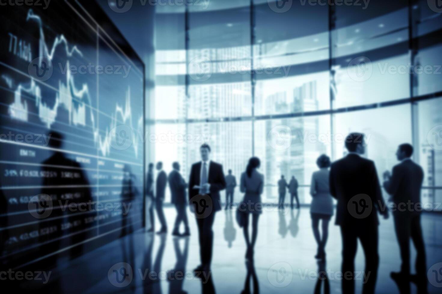 AI generated Blurred Business People in a Modern Office with Real-Time Stock Market Data.created with Generative AI photo