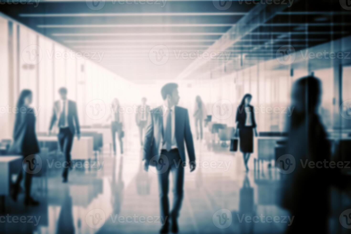 AI generated Corporate Visionaries Blurred Business People in a Modern White Glass Office. created with Generative AI photo