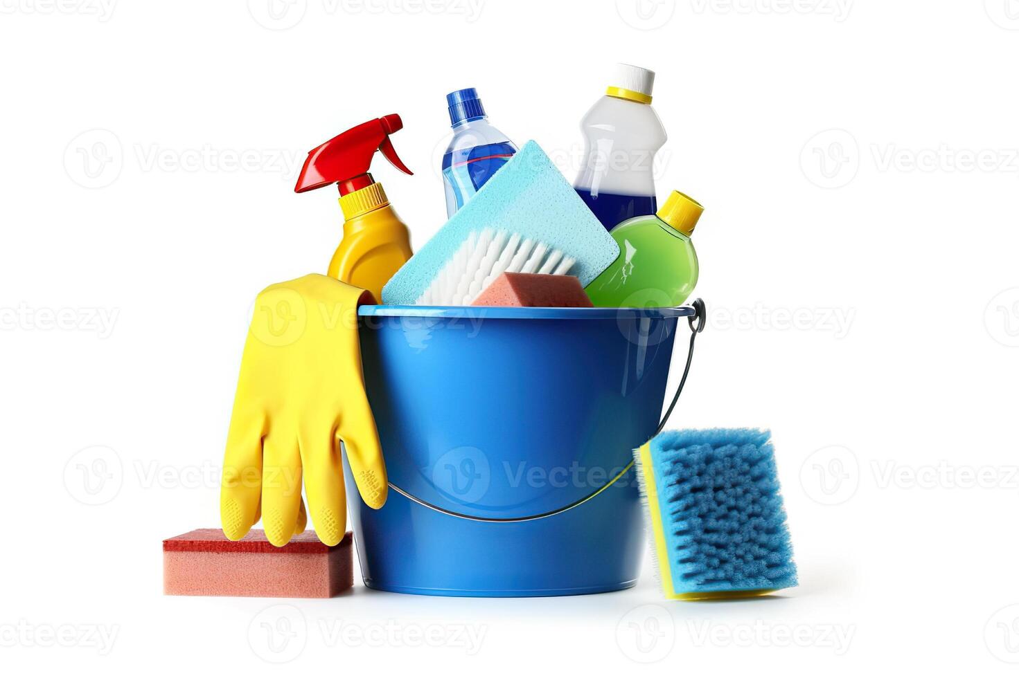 AI generated Bucket full of cleaning supplies isolated on white background. created with Generative AI photo