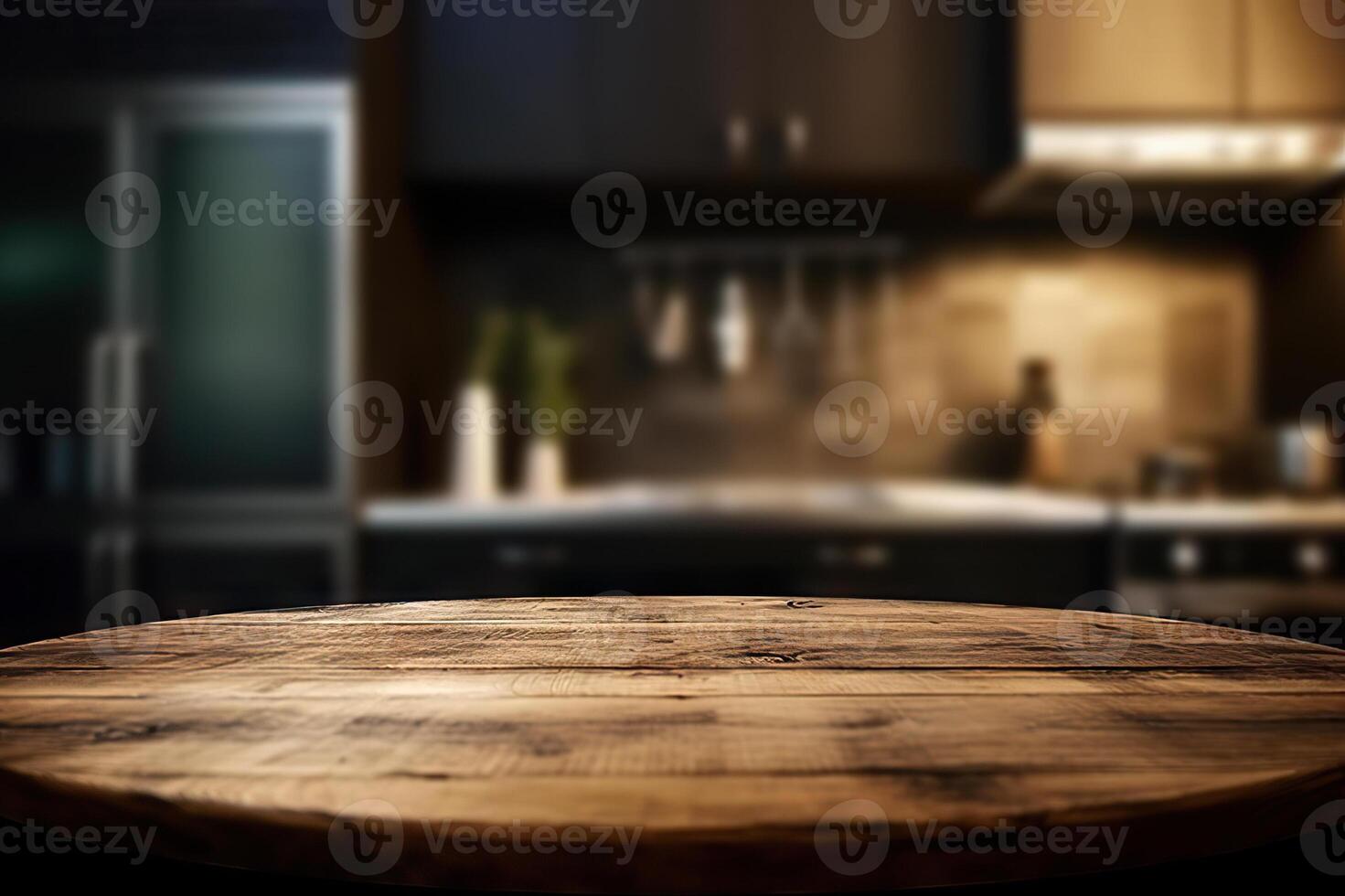 AI generated Blank Wooden Table with Kitchen Backdrop for Decoration. created with Generative AI photo
