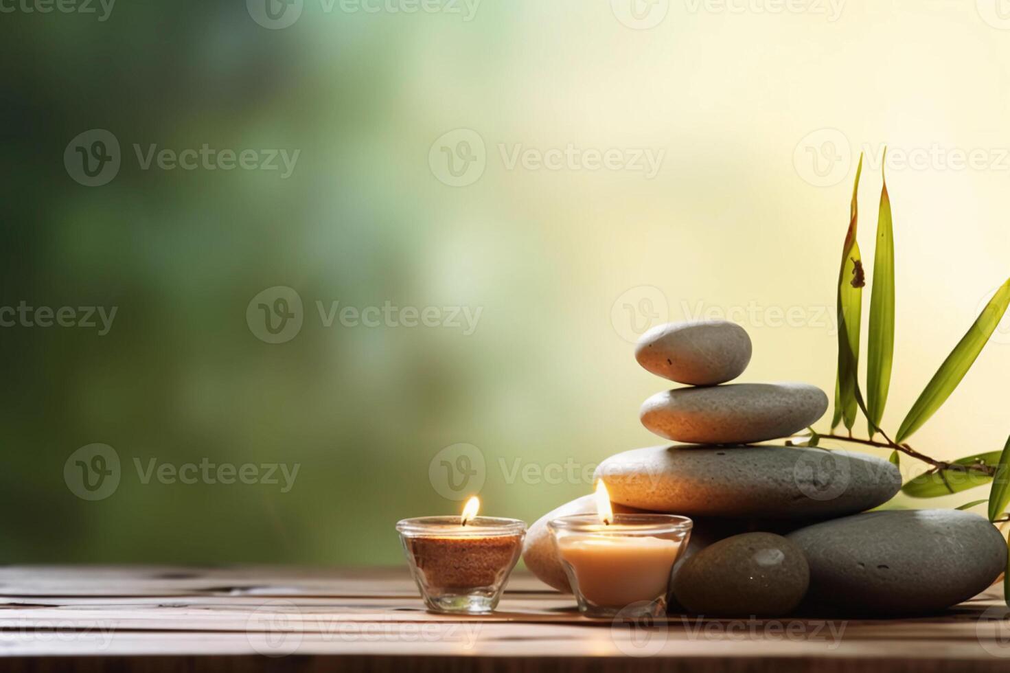 AI generated Relaxing Spa Life concept, Arrangement with Stones, Candles, and Leaves. created with Generative AI photo