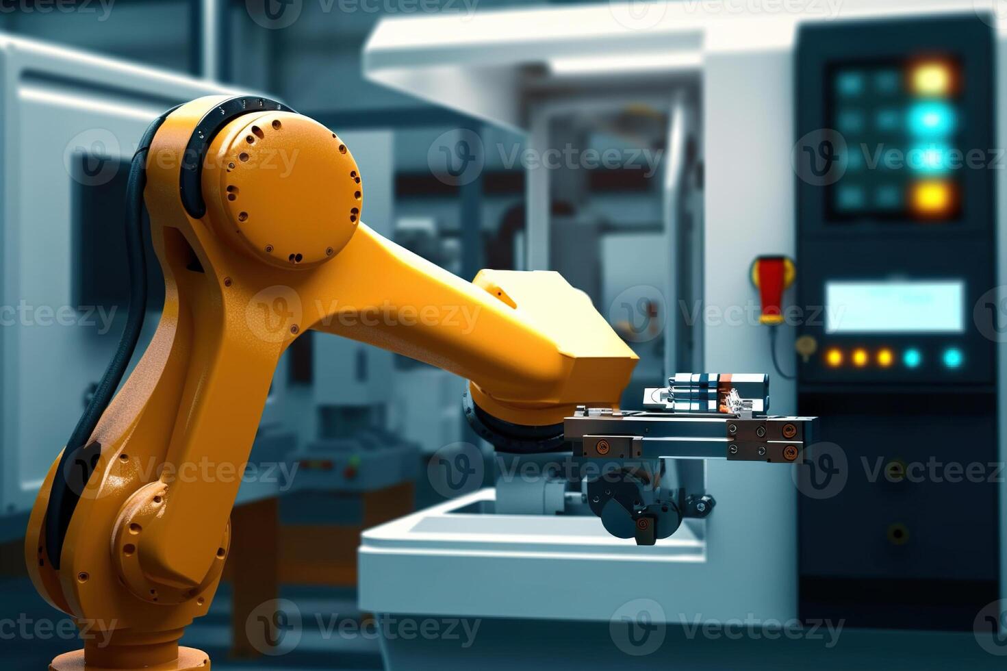 AI generated Smart Industrial Automation Advanced Robotic Arm in Modern Factory. created with Generative AI photo