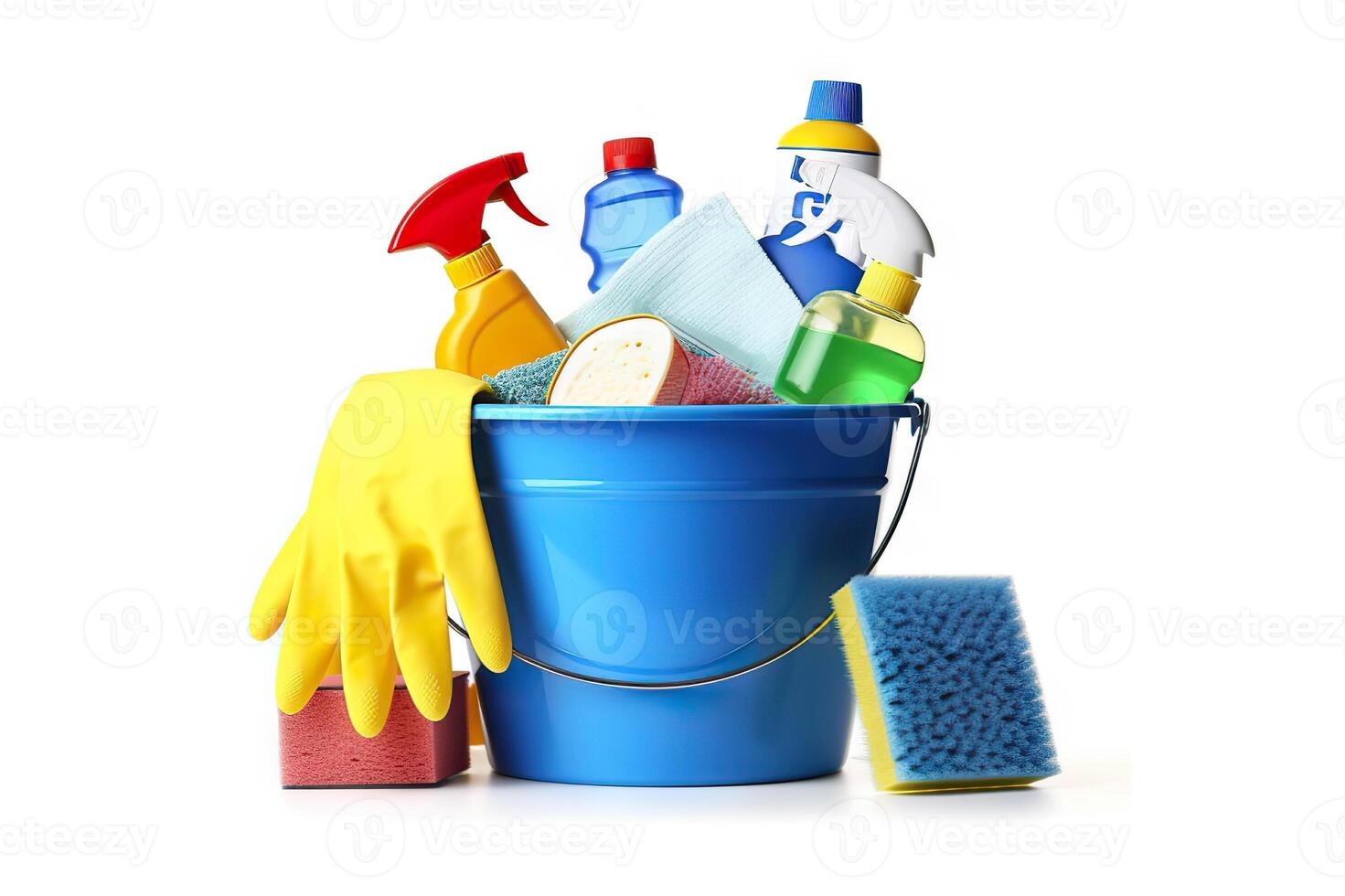 AI generated Bucket full of cleaning supplies isolated on white background. created with Generative AI photo