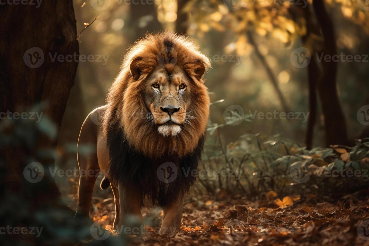 AI generated Majestic lion standing still in the forest. created with Generative AI photo