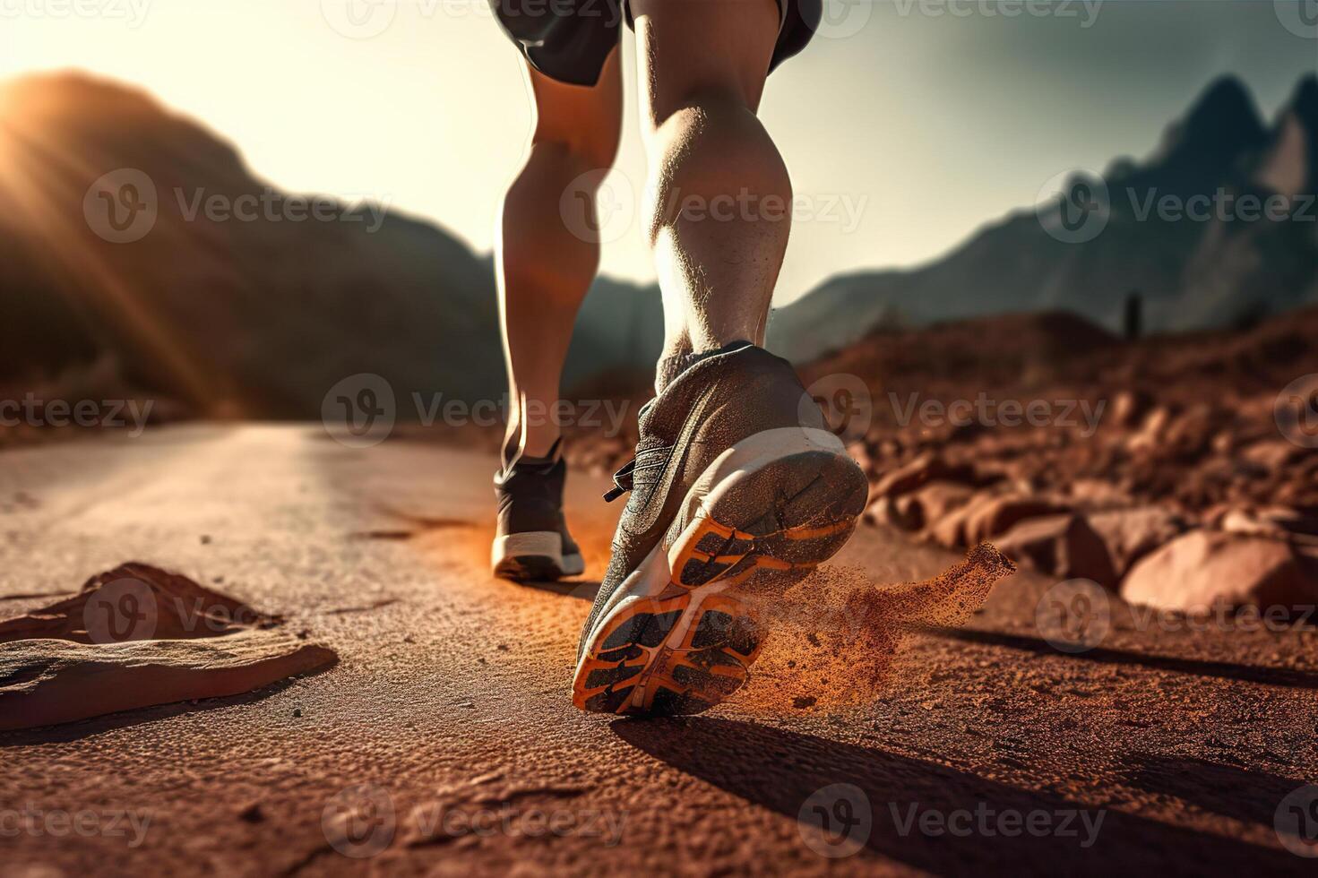 AI generated Stride of Champions Runner Athlete's Feet Embracing Sunlight, Training for Victory with a Self-Challenge Theme. created with Generative AI photo