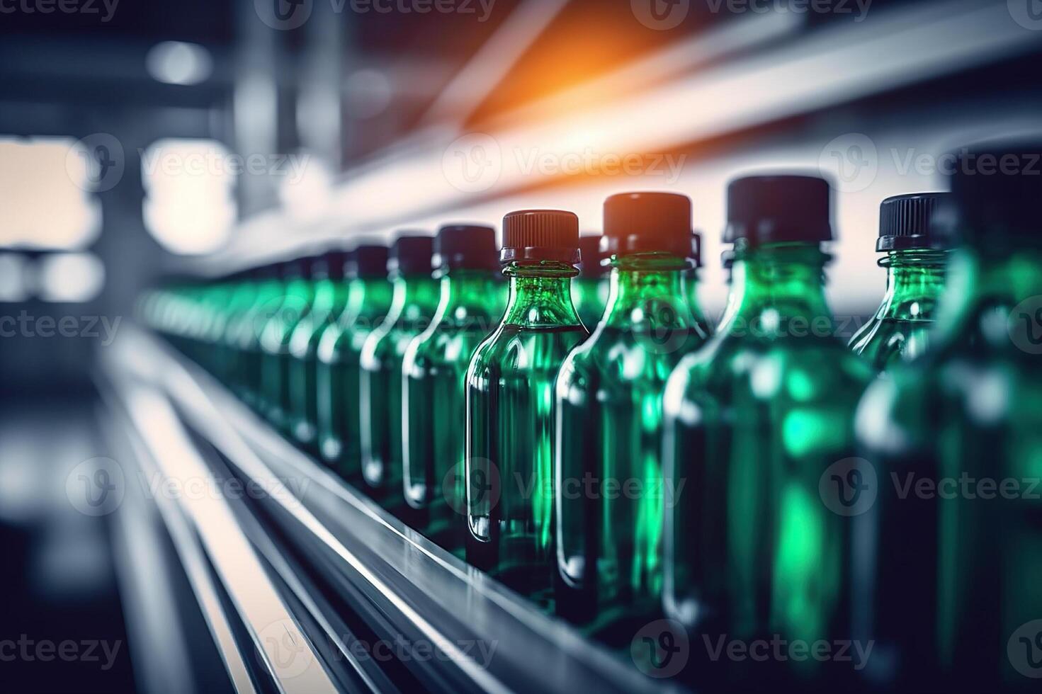 AI generated Efficient Bottling Process Line of Beverages Bottled in Plastic, Illuminated Factory Setting. created with Generative AI photo