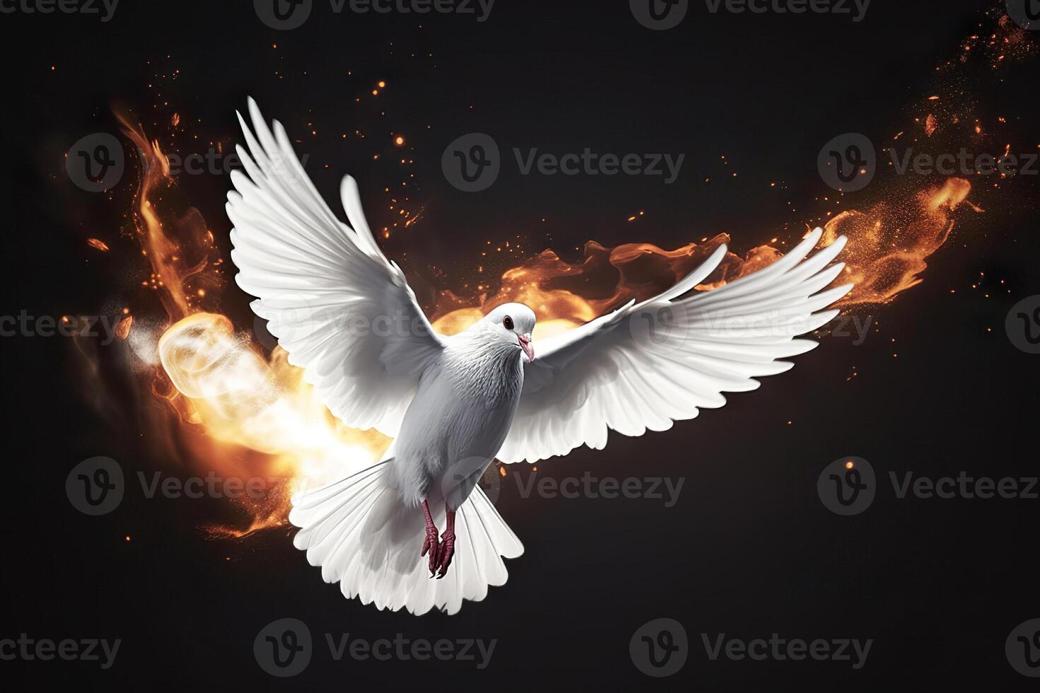 AI generated Flying White Dove with Fiery Glow on a Dark Background, Embodying Peace and the Gifts of the Holy Spirit. created with Generative AI photo