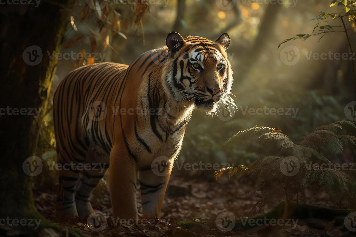 ai generado majestuoso Tigre en pie todavía en el bosque. creado con generativo ai foto