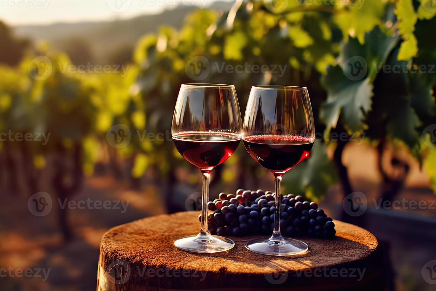 ai generado romántico vino saboreo en el viñedo dos lentes de rojo vino con escénico puntos de vista. creado con generativo ai foto