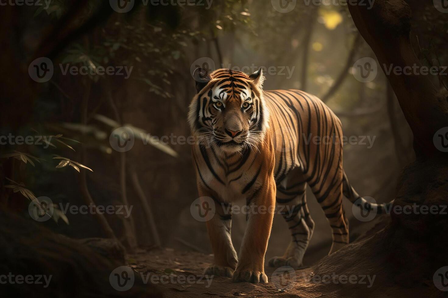 AI generated Majestic tiger standing still in the forest. created with Generative AI photo