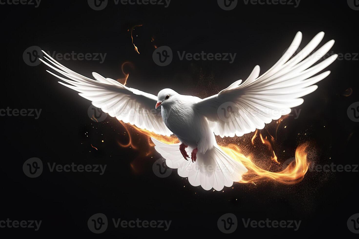 AI generated Flying White Dove with Fiery Glow on a Dark Background, Embodying Peace and the Gifts of the Holy Spirit. created with Generative AI photo