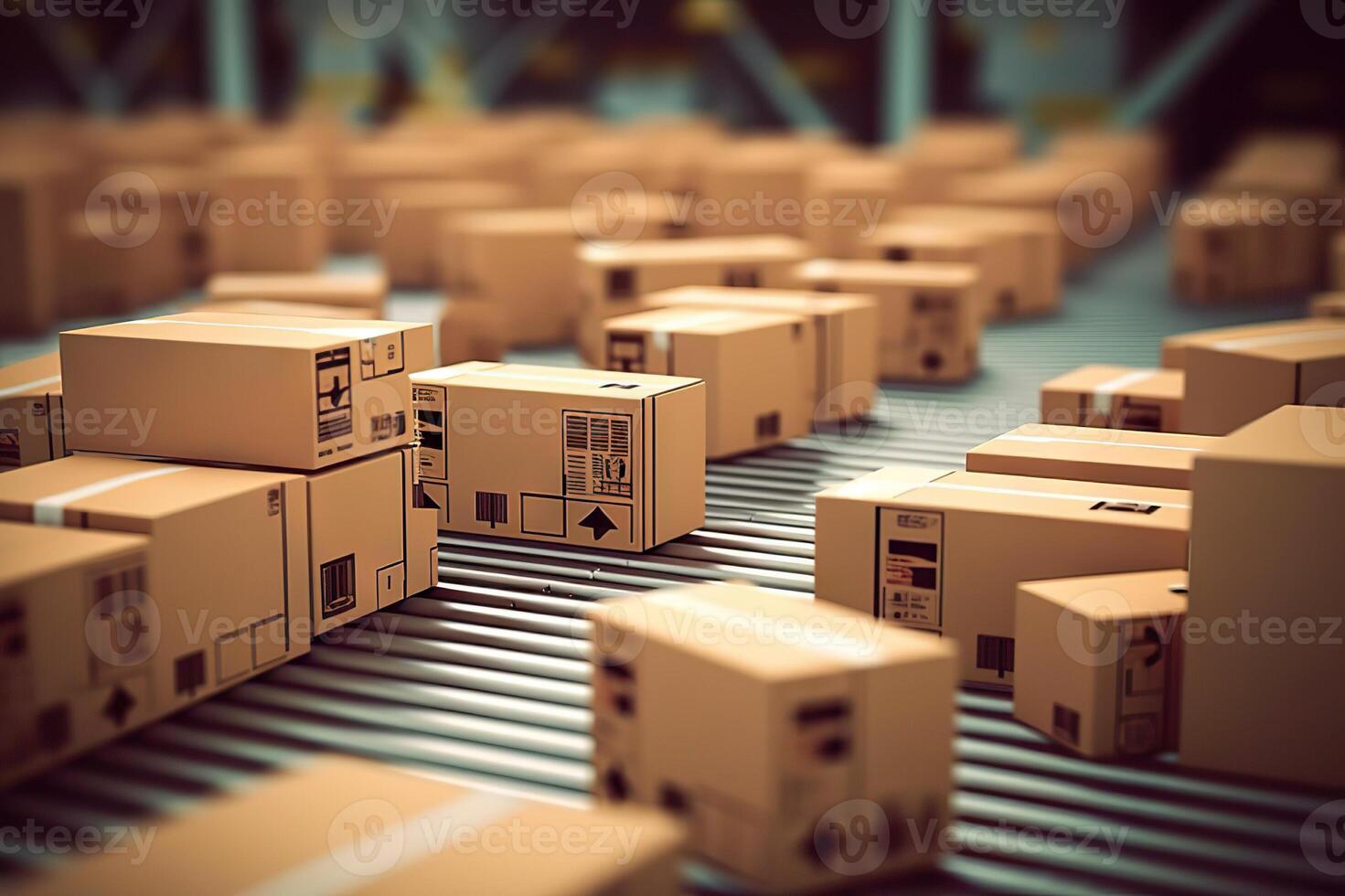 AI generated Product storage and logistics Carton boxes on conveyor belt in a warehouse. created with Generative AI photo