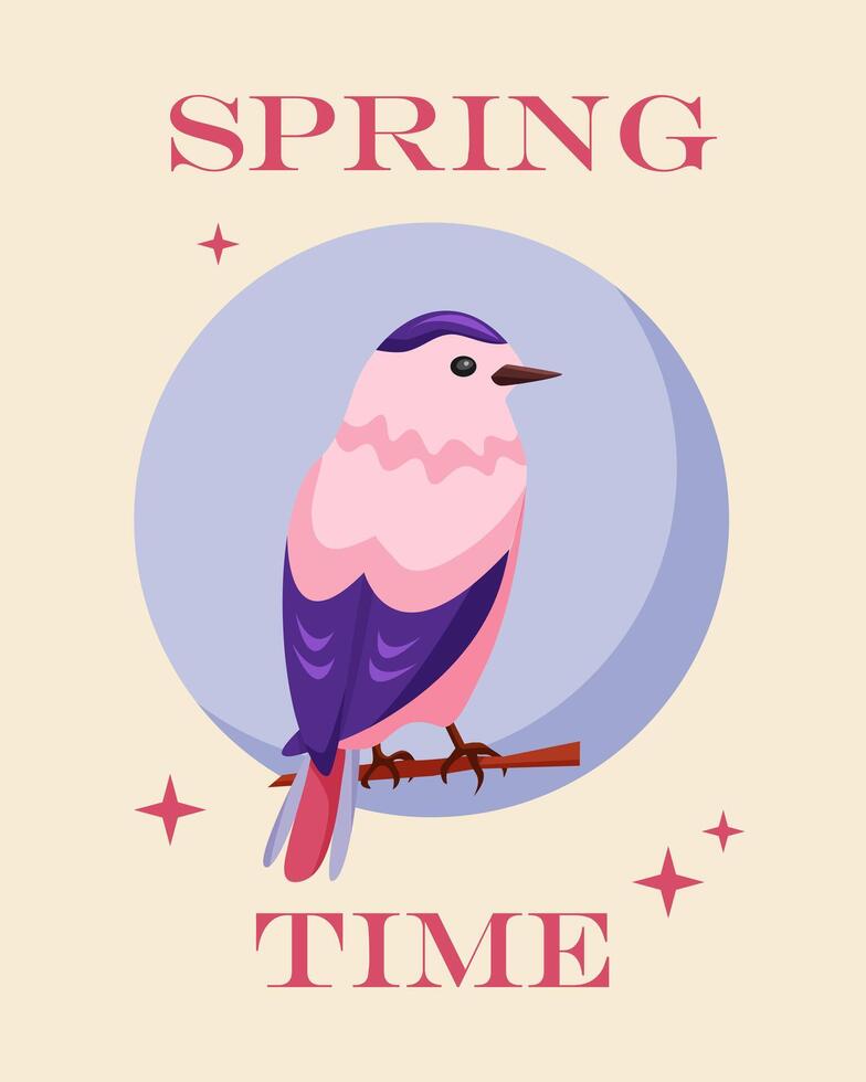 Hello spring. Greeting card with the beginning of spring. Cute little bird in pink and blue on round background. Magical illustration in retro and groovy style. vector