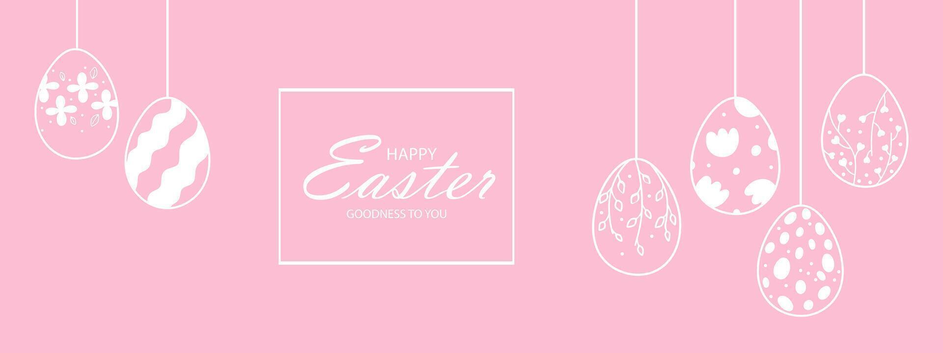 Pascua de Resurrección web bandera con guirnalda de Clásico Pascua de Resurrección huevos en rosado antecedentes con sitio para texto. guirnalda con siluetas de Clásico huevos suspendido en instrumentos de cuerda. vector