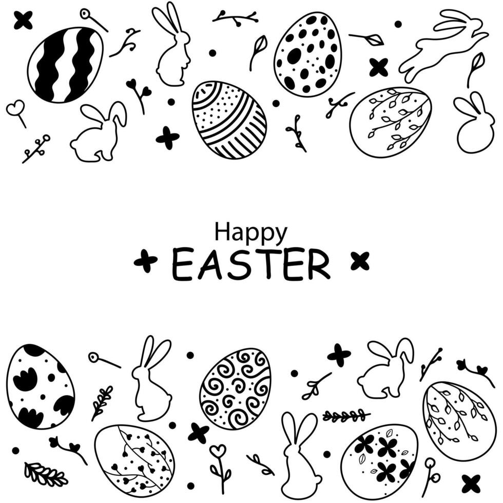 Card for Easter decoration. Black and white silhouettes of Easter bunnies and eggs in vintage style with floral elements with inscription in the center of Happy Easter. Doodle style. vector