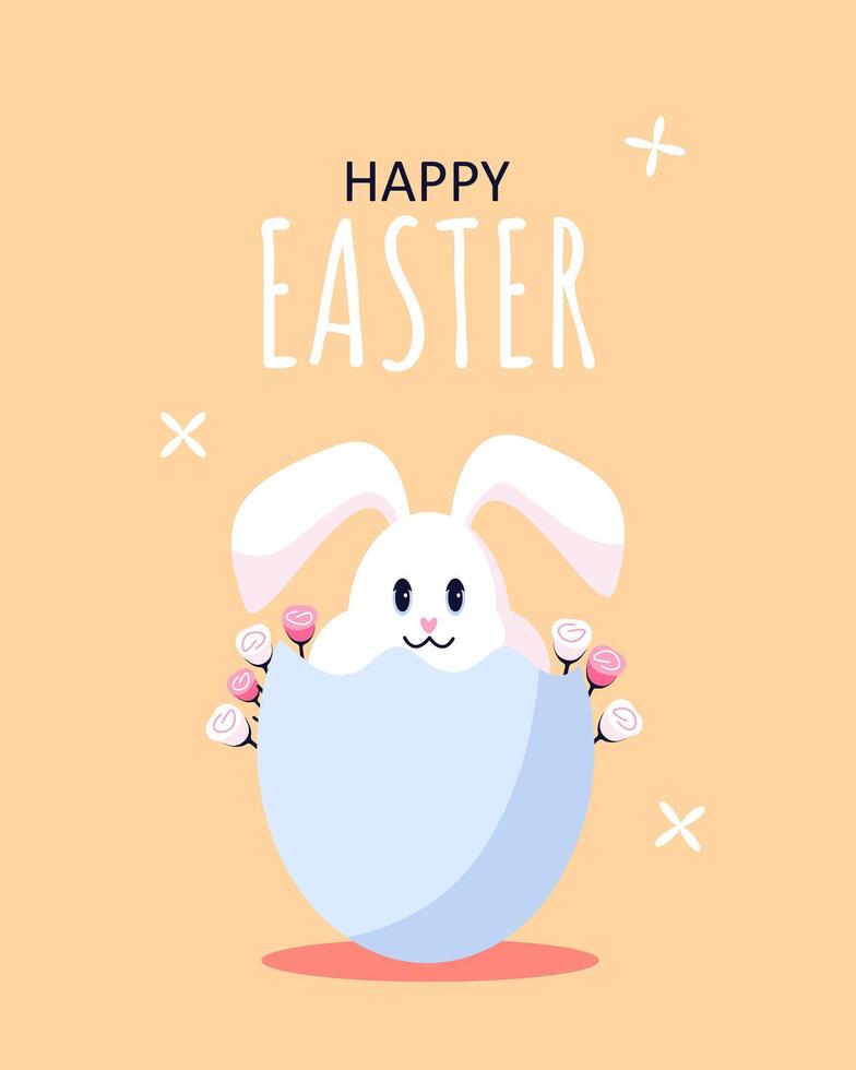 Easter postcard with Easter bunny sitting in egg with flowers. Postcard on orange background for the spring holiday. Unique design for spring banners and postcards vector