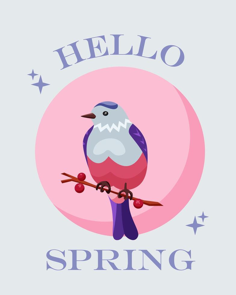 Hello spring. Greeting card with the beginning of spring on blue background. Cute little bird in pink and blue on round background. Magical illustration in retro and groovy style. vector