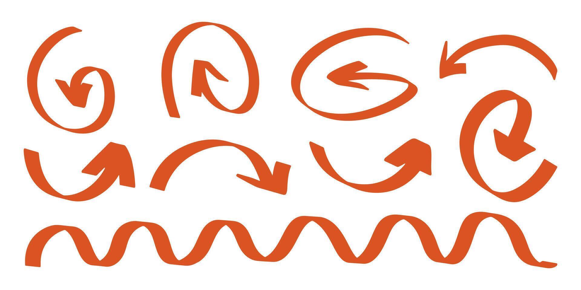 Set of arrows drawn by hand with marker in different versions in the grunge style. Red arrows of different lengths on white background. The direction of movement vector