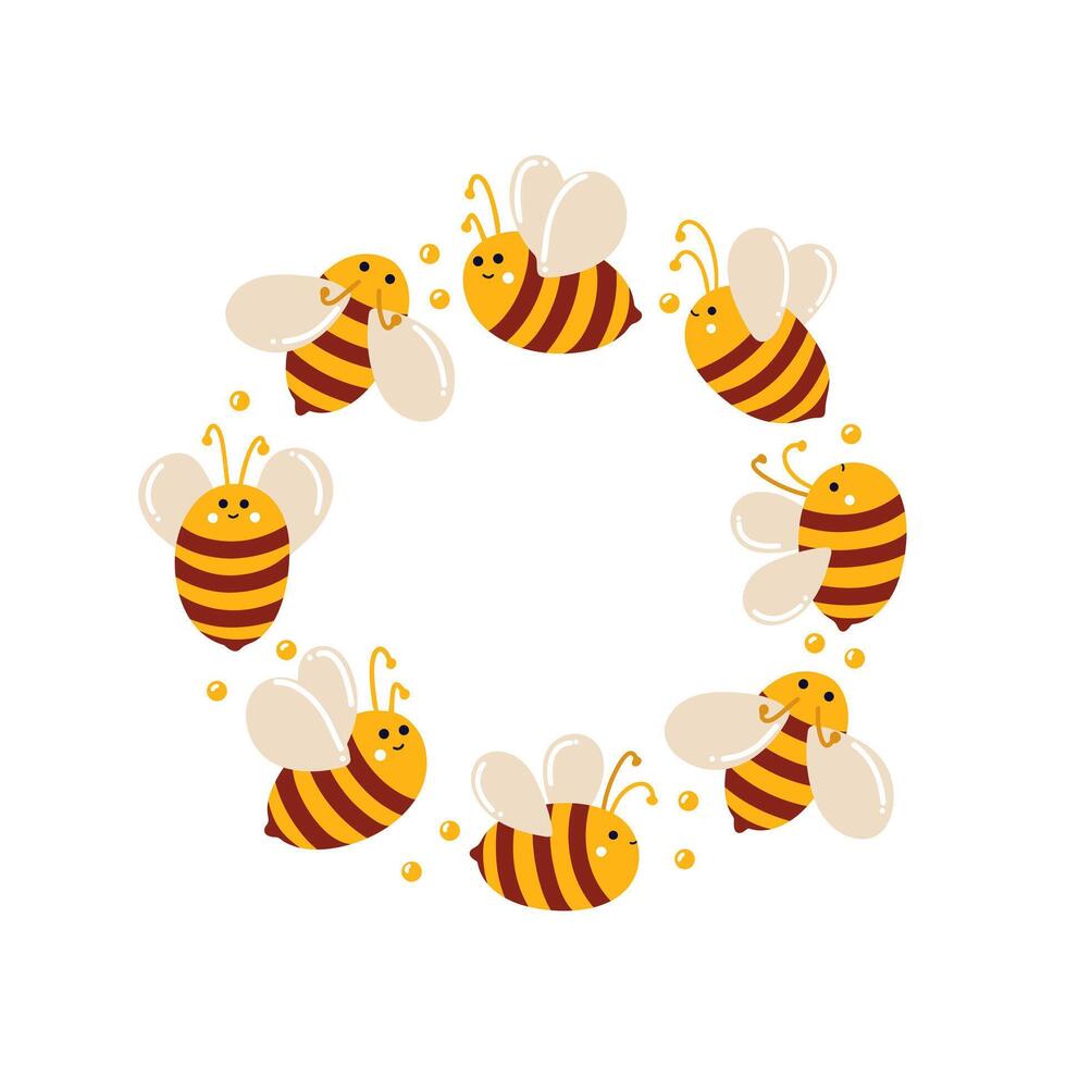 Happy bees fly in circle in cute illustration. Cute illustration for website, children's design, printing and packaging of honey products, banners, clothes and tableware vector