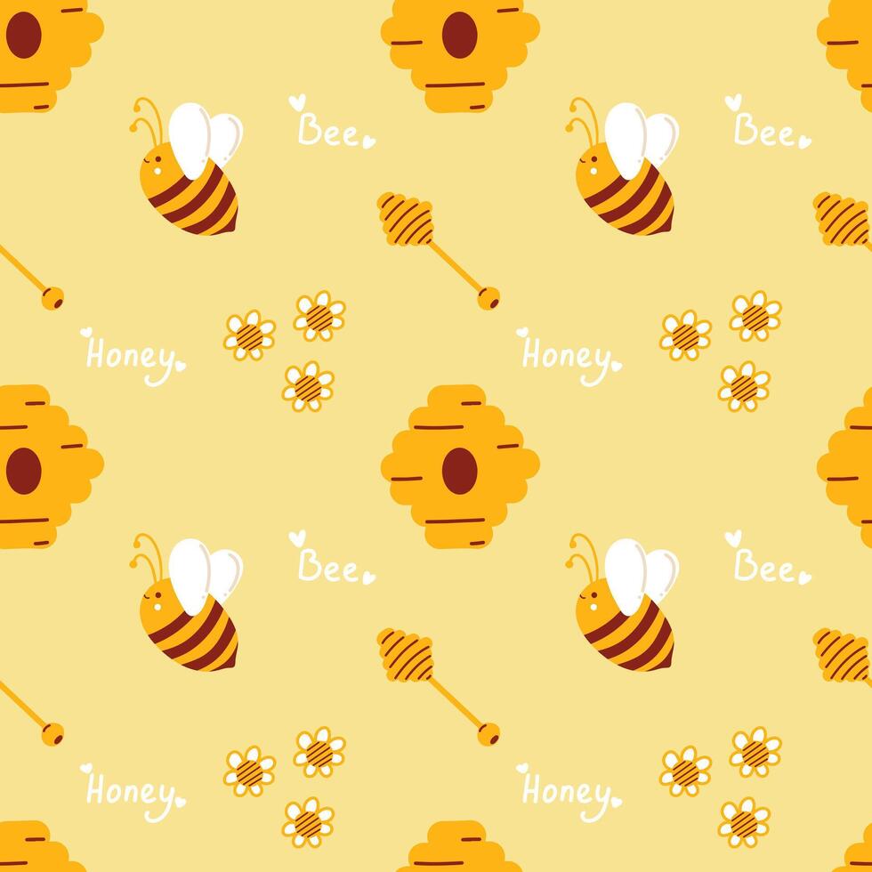 Honey pattern with bees for beekeepers and honey products. Cute summer yellow pattern with bees collecting honey. Minimalistic Flat lay design for food packaging and beekeeping design vector