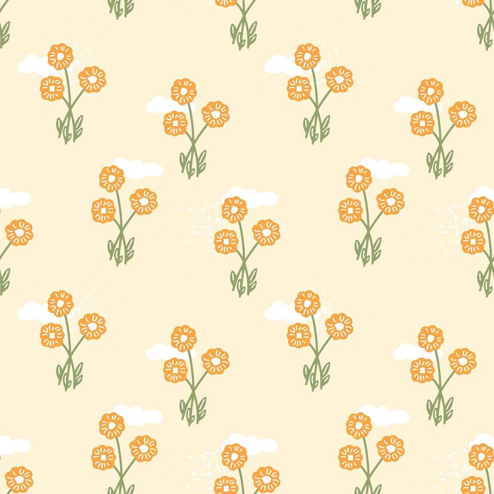 Abstract seamless pattern with bright orange flowers on beige background. Spring and summer pattern for printing on fabrics and dresses. Packaging paper and scrapbooking design. vector
