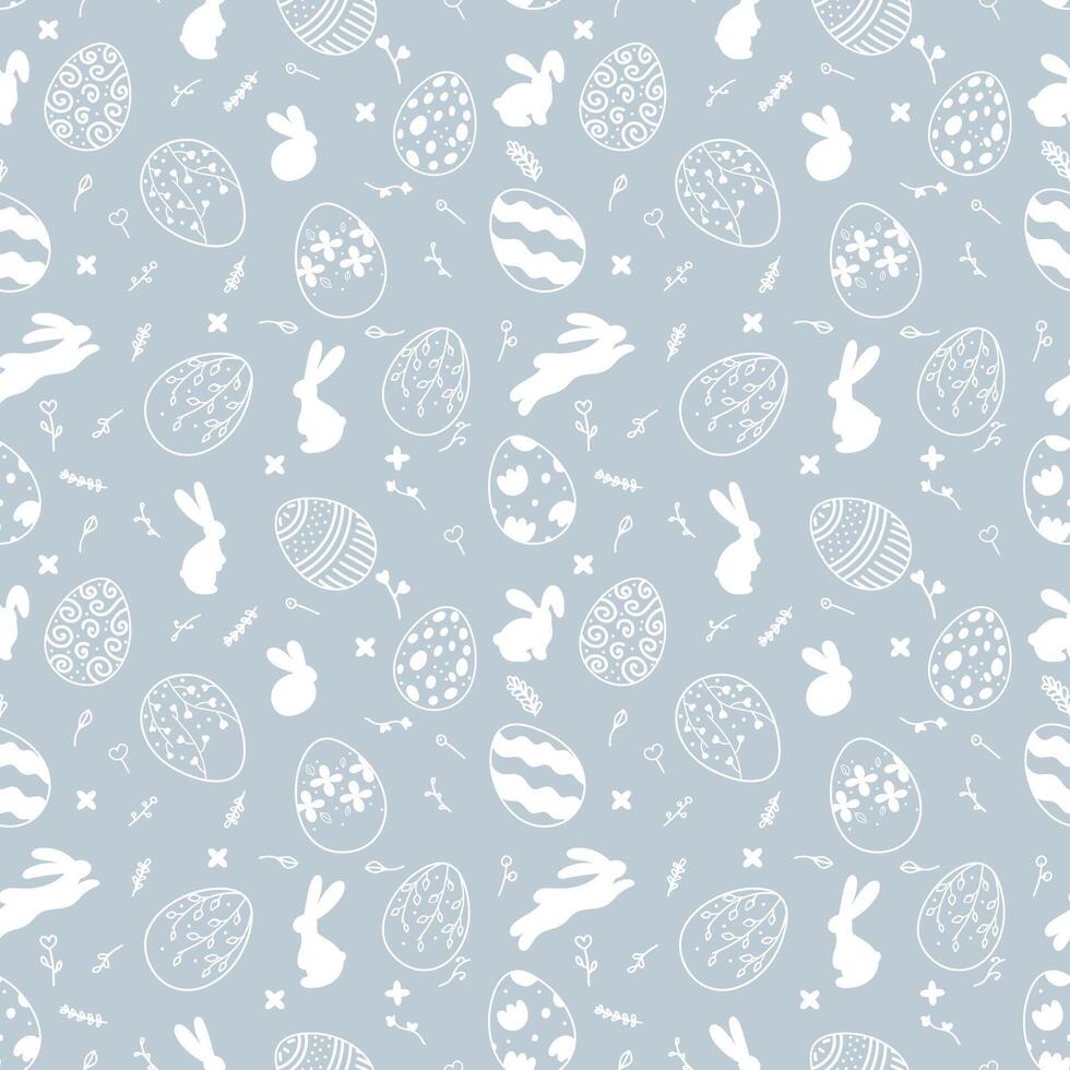 Seamless Easter pattern on blue background with white silhouette of Easter bunnies and eggs in vintage style with floral elements. Unique design template for holiday decorations, printing and web use. vector