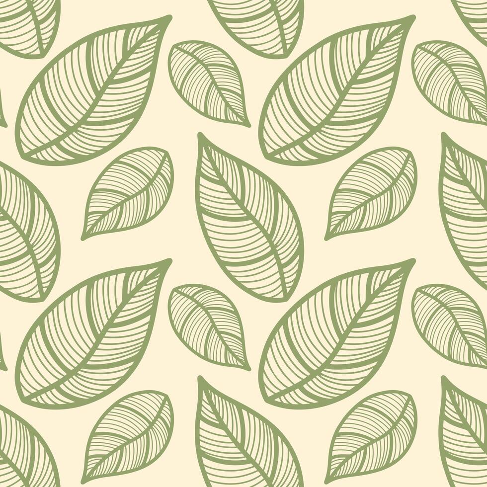 Seamless pattern with vintage leaves for seasonal designs, printing and web use on beige background. Vintage large leaves as element of textiles and clothing design or bedding. Notebook cover. vector