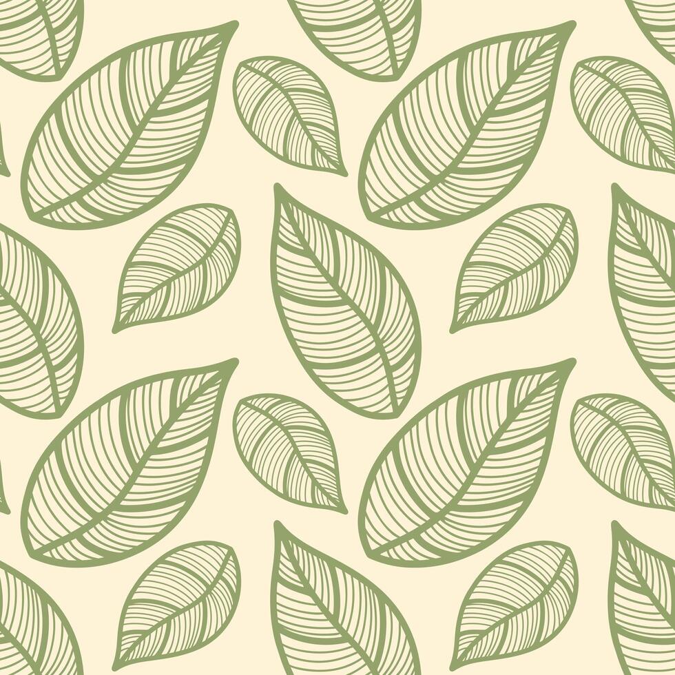 Seamless pattern with vintage leaves for seasonal designs, printing and web use on beige background. Vintage large leaves as element of textiles and clothing design or bedding. Notebook cover. vector