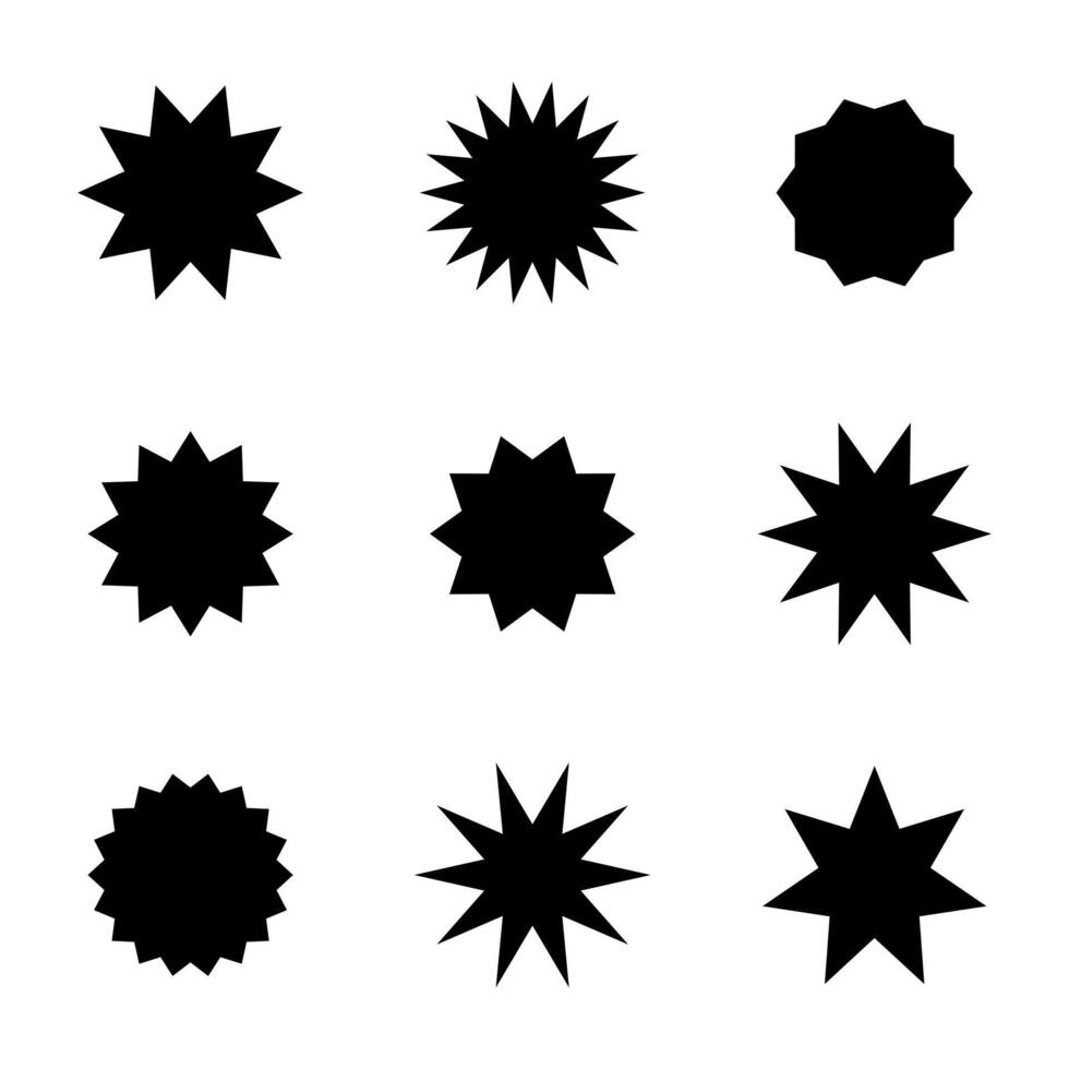 9 black star-shaped frames with different number of rays to create unique stickers with your text, for unique and modern design, printing and web design vector