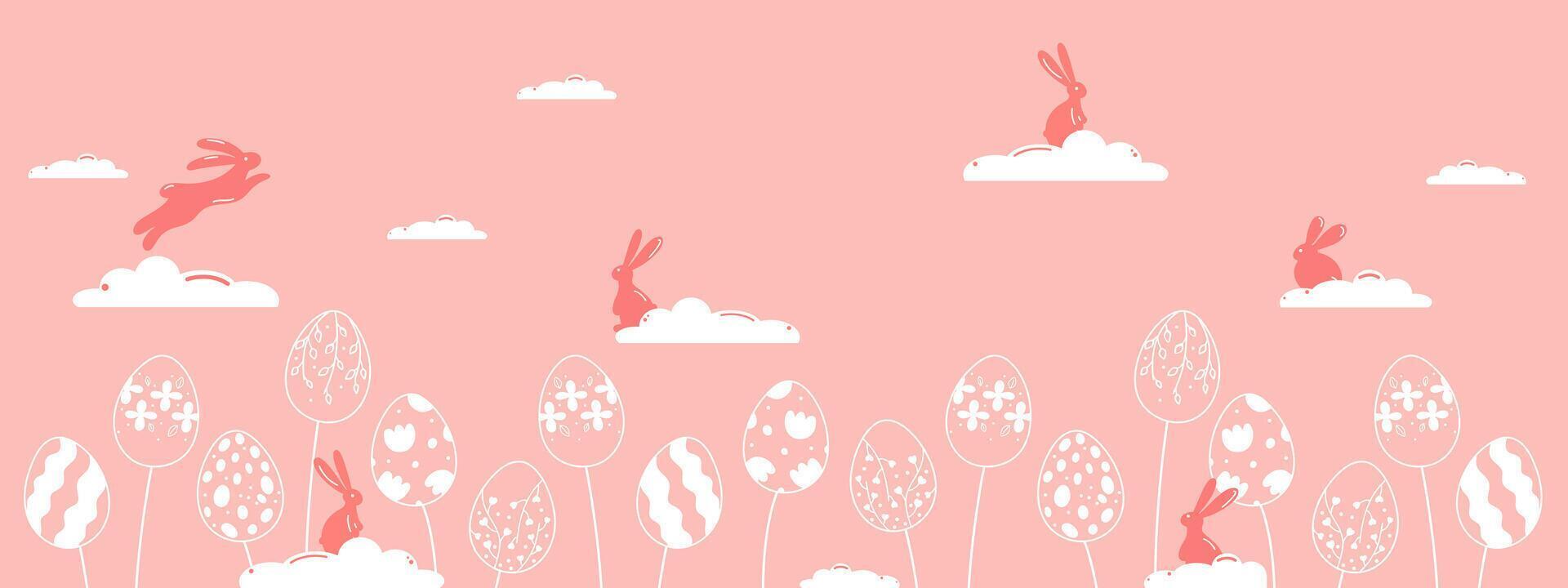 Pink banner for Easter decoration. Silhouettes of Easter bunnies with clouds and eggs in vintage style with floral elements. Unique design for the decoration of Easter goods and web use. vector