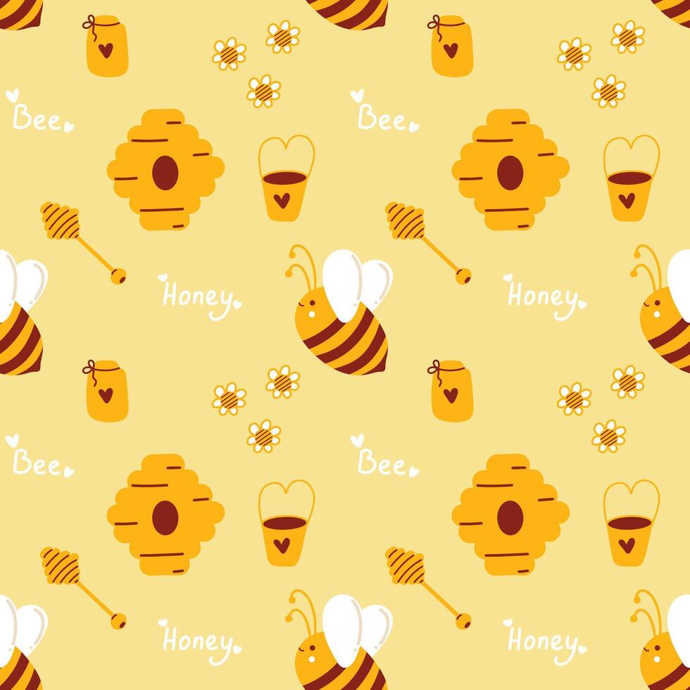 Honey pattern with bees for beekeepers and honey products. Cute summer yellow pattern with bees collecting honey. Minimalistic Flat lay design for food packaging and beekeeping design vector