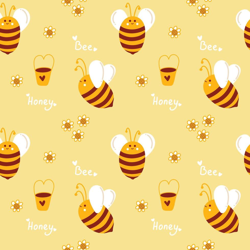 Honey pattern with bees for beekeepers and honey products. Cute summer yellow pattern with bees collecting honey. Minimalistic Flat lay design for food packaging and beekeeping design vector
