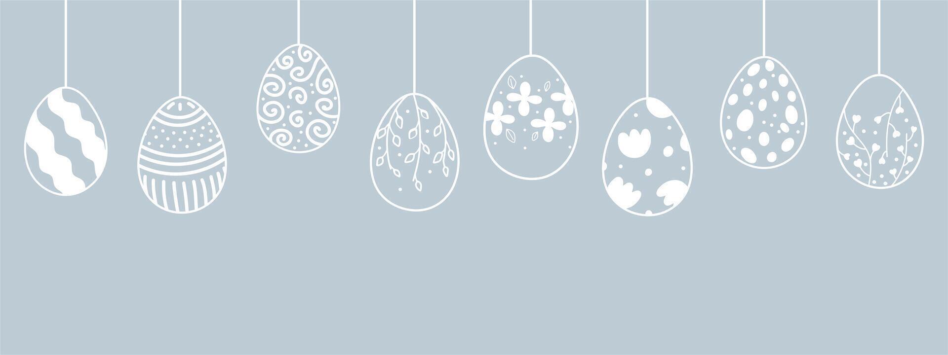 Easter web banner with garland of vintage Easter eggs on blue background with place for text. Garland with silhouettes of vintage eggs suspended on strings. vector