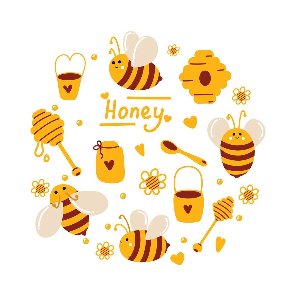 miel conjunto con abejas, margaritas, cucharas, néctar, arreglado en circulo para único tarjeta postal diseño, impresión en ropa. linda para niños ilustración en plano laico estilo con francly miel abejas vector