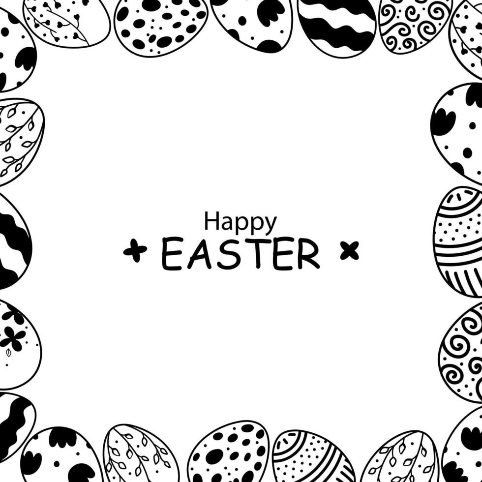 Doodle card for Easter decoration. Black and white silhouettes of eggs in vintage style with floral elements with inscription in the center of Happy Easter. Frame of Vintage Easter eggs vector