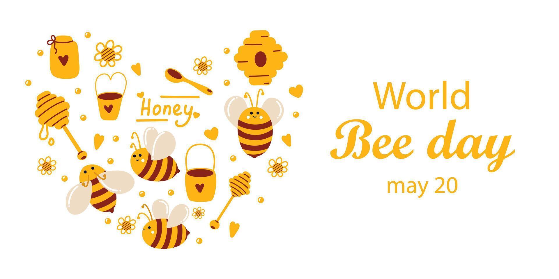 World beer day of 20 may. Banner with cute honey bees in flat-lay style for web use, printing, banners, backgrounds. Celebrating World Bee Day and caring for bees. Beekeeping and animal care vector