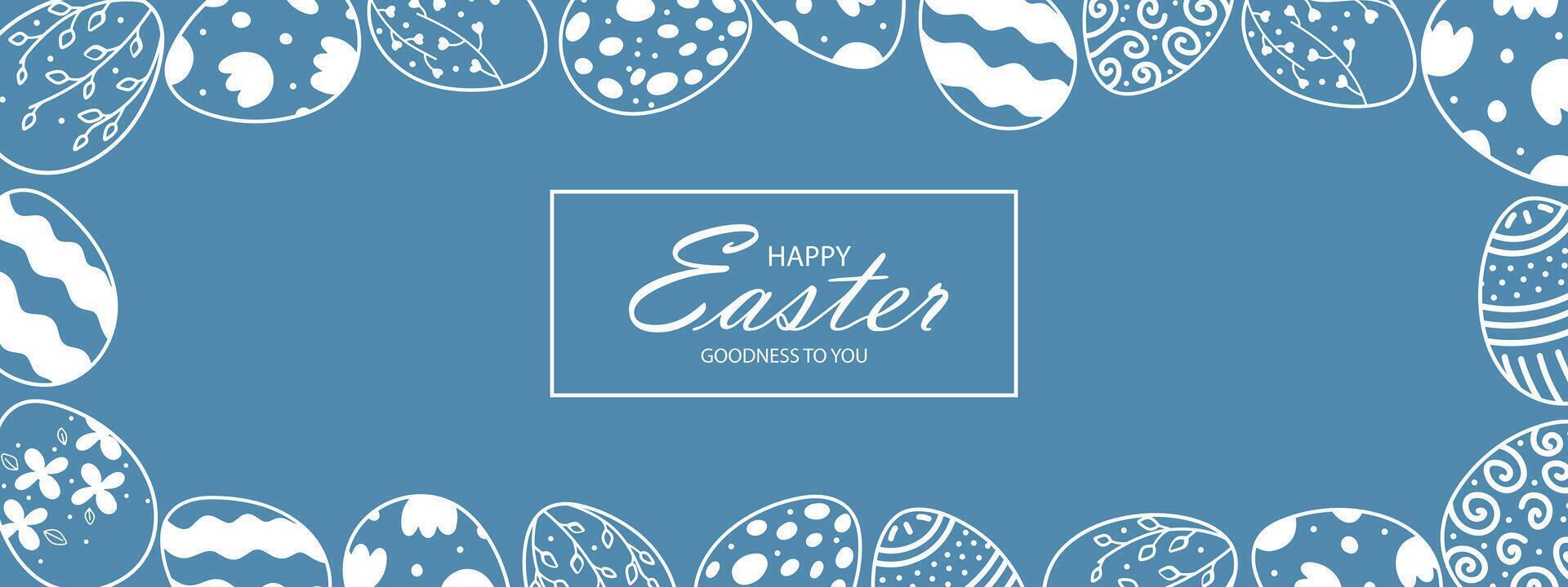 Easter web banner with vintage Easter eggs along the contour on blue background with place for text in the center. Frame with silhouettes of vintage Easter eggs. vector