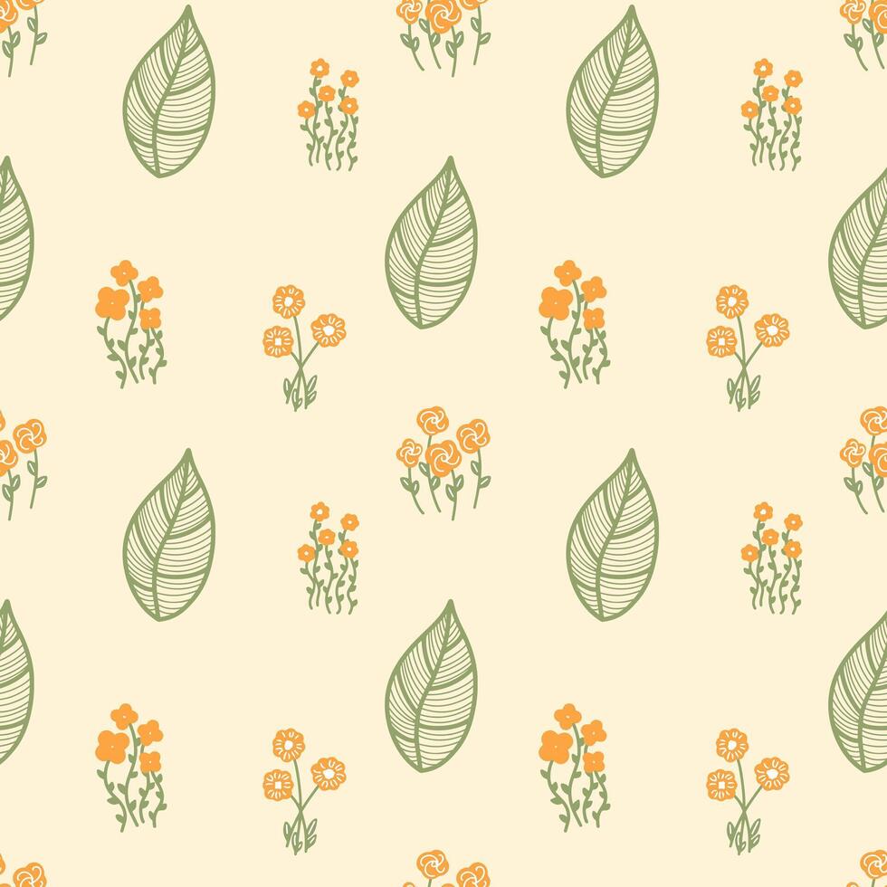 Abstract seamless pattern with bright orange flowers and vintage leaves on beige background. Spring and summer pattern for printing on fabrics and dresses. Packaging paper and scrapbooking design. vector