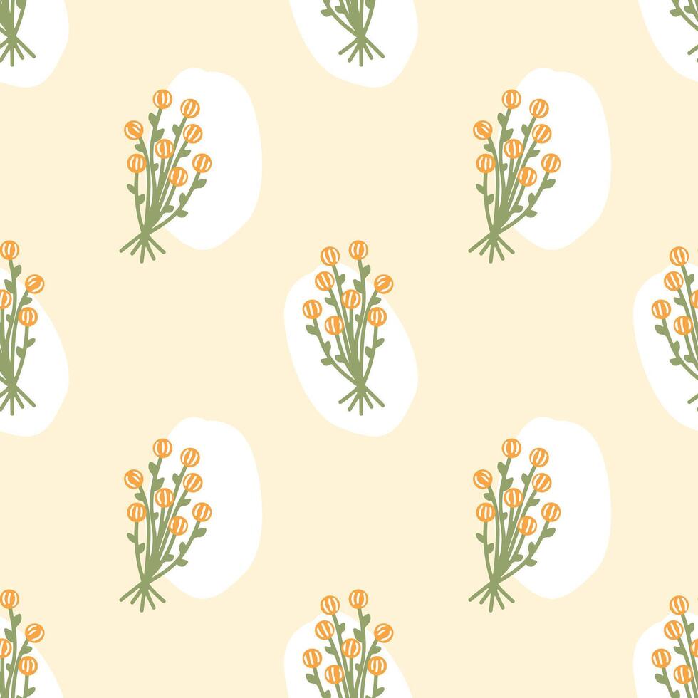 Seamless pattern with bouquet of flowers and abstract spots on beige background. Seasonal spring and summer patterns for modern minimalistic packaging design. vector