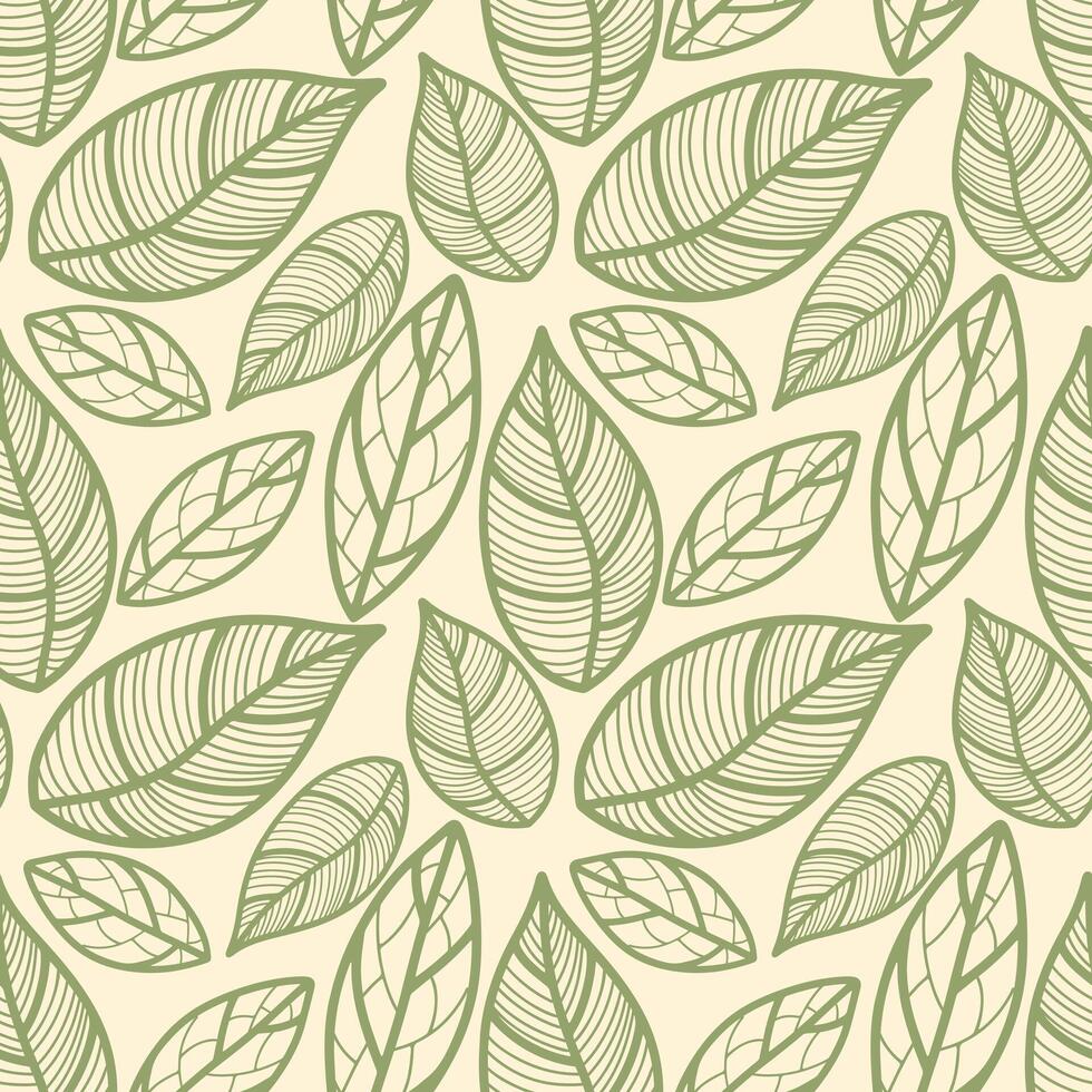 Seamless pattern with vintage leaves for seasonal designs, printing and web use on beige background. Vintage large leaves as element of textiles and clothing design or bedding. Notebook cover. vector