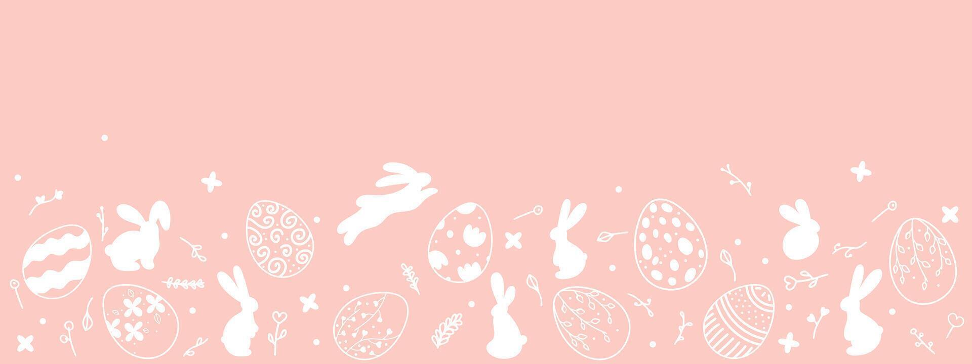 Pink banner for Easter decoration. Silhouettes of Easter bunnies and eggs in vintage style with floral elements. Unique design for the decoration of Easter goods and web use. vector