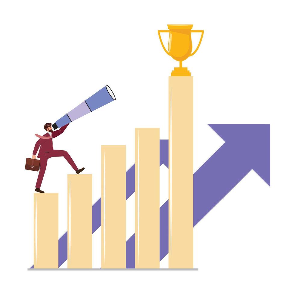 Young Man in Red Suit Gazing into the Future, walking on bar charts towards business success and golden award cup vector