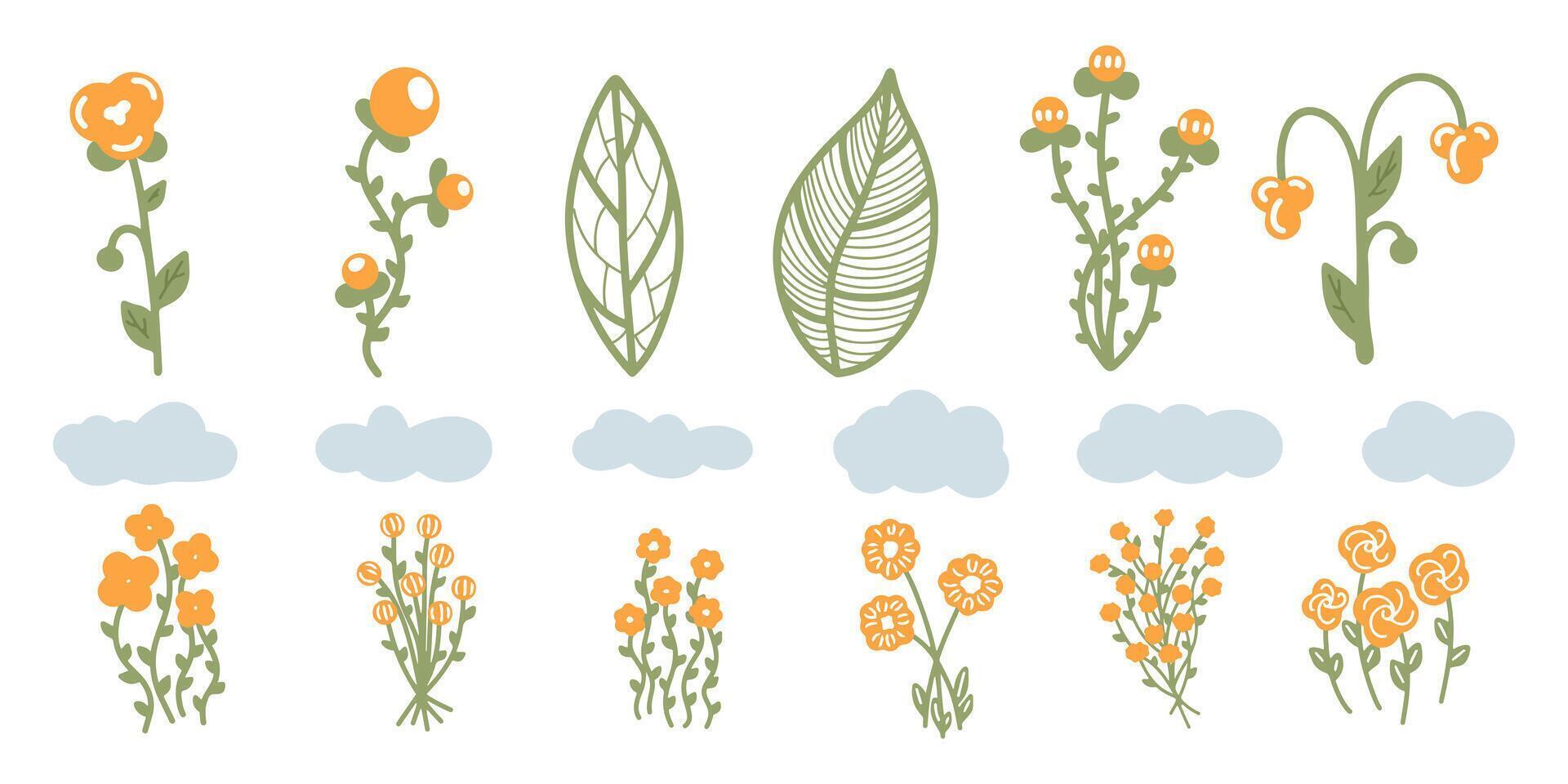 Set of orange flowers with vintage leaves from spring and summer collection. Variety of orange flowers with stems and clouds in vintage style. Objects isolated on white background. vector